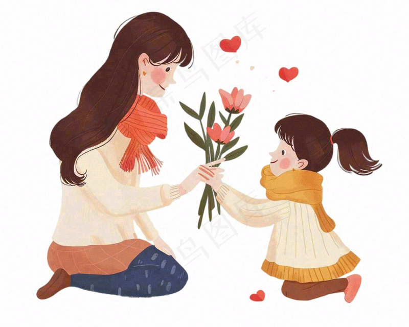 母亲节送花母女妈妈亲情人物卡通插画免抠(1200x960)