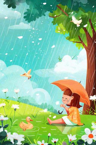春天户外雨天打雨伞的小女孩坐着地上嬉水春游踏青唯美惊蛰雨水谷雨卡通插画背景