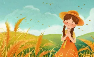 秋收秋天女孩在麦田麦穗芒种立秋秋分卡通插画背景