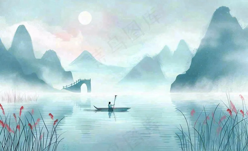 白露中国山水画古风芦苇水墨画寒露背景(1408x864)