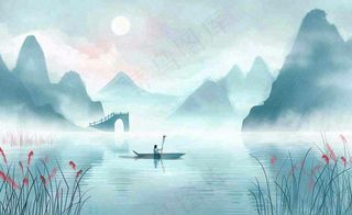 白露中国山水画古风芦苇水墨画寒露背景