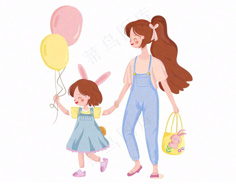妈妈牵着小孩儿童乐园气球游玩卡通插画免抠(1248x976)