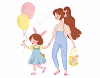 妈妈牵着小孩儿童乐园气球游玩卡通插画免抠