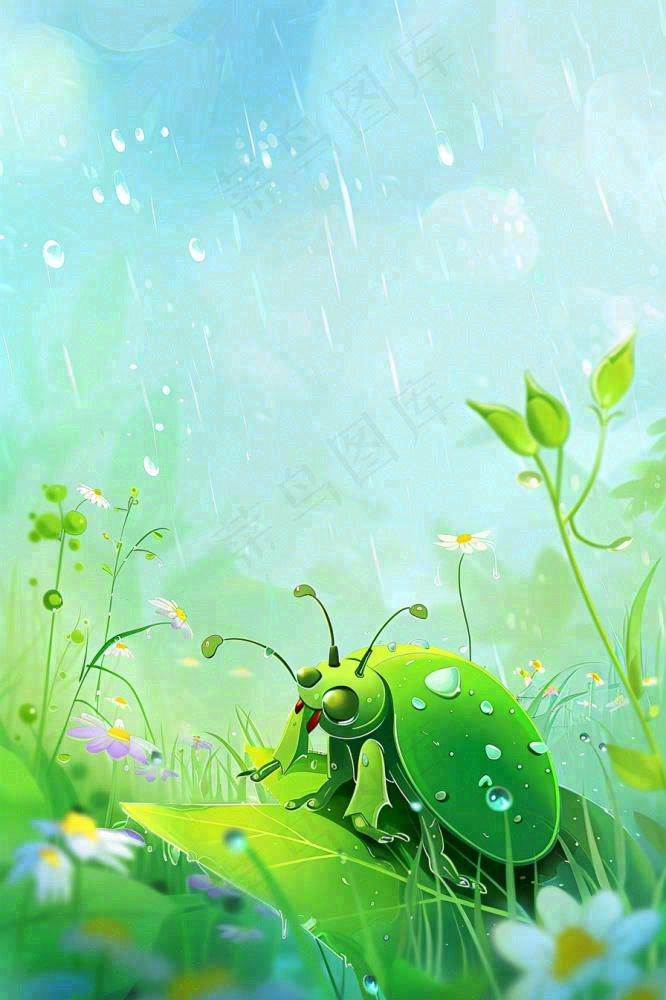 春天绿色甲壳虫昆虫草丛花朵雨水谷雨惊蛰卡通插画背景