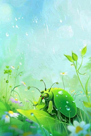 春天绿色甲壳虫昆虫草丛花朵雨水谷雨惊蛰卡通插画背景