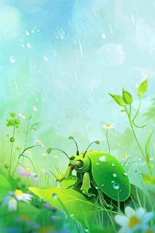 春天绿色甲壳虫昆虫草丛花朵雨水谷雨惊蛰卡通插画背景