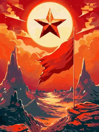 红色党建祖国山河剪影五角星城市旗帜建军建党油画插画背景