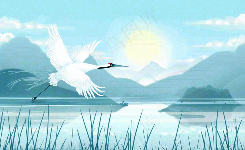 白鹭齐飞天水一色山水画芦苇荡清冷白露寒露插画背景(1408x864)