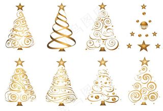 金色圣诞树装饰插画免抠