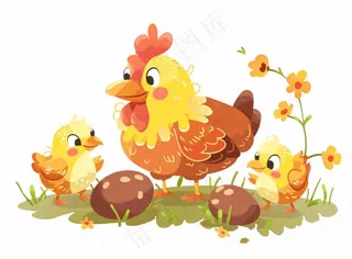 母鸡孵蛋鸡仔鸡蛋小鸡鸡妈妈动物牲畜卡通插画免抠