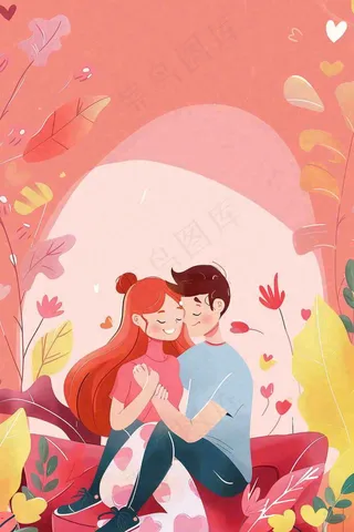 粉色恋爱情人恋人相拥鲜花丛浪漫梦幻七夕情人节插画背景