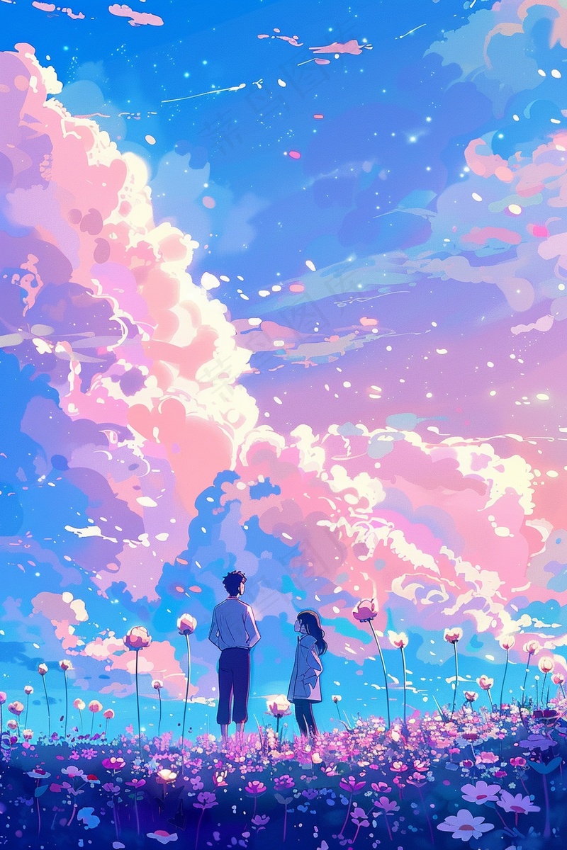 天空之境粉紫天空花海里的少女少年插画背景(2688x4032)