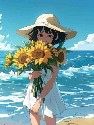 夏日海边女孩抱着一大束向日葵花束旅游游玩立夏夏至卡通插画背景