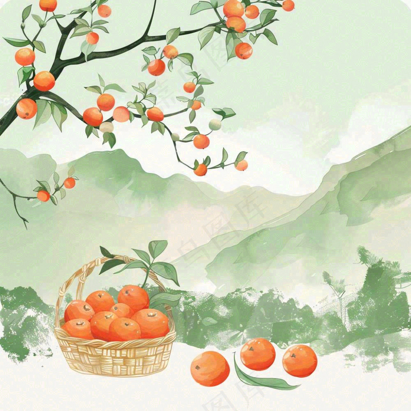 秋天丰收季果树成熟果篮橘子黄杏处暑立秋秋分卡通插画背景(1024x1024)
