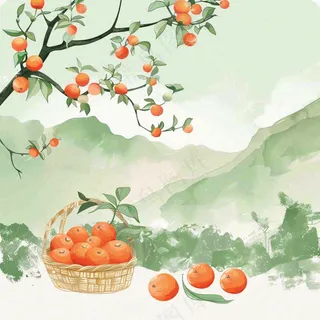 秋天丰收季果树成熟果篮橘子黄杏处暑立秋秋分卡通插画背景