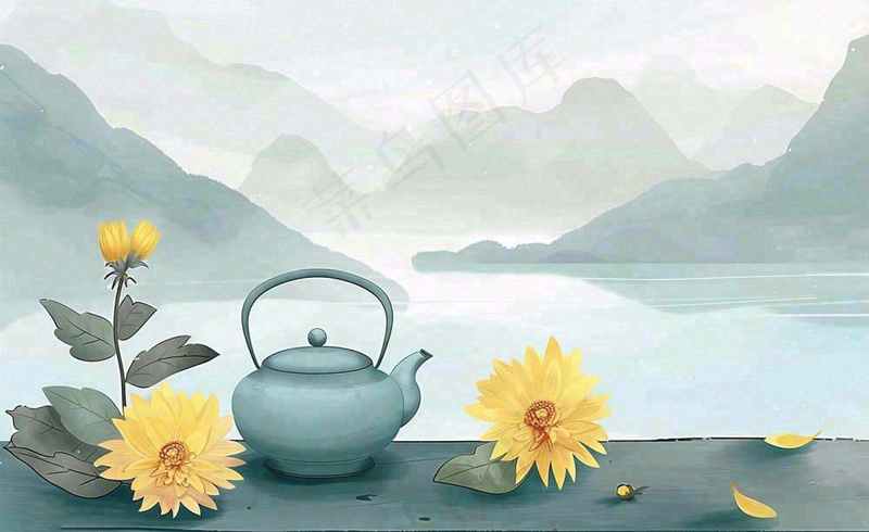 中国山水水墨画菊花饮茶重阳清明寒露插画背景(1408x864)