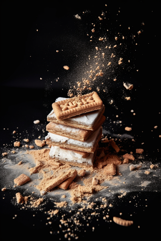 饼干碎屑四处飞溅黑色背景甜点摄影图