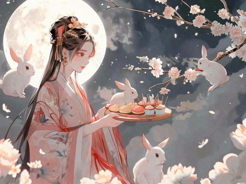 中秋节嫦娥玉兔月下嫦娥手捧月饼插图卡通唯美手绘可爱古风插画壁纸背景(1264x944)