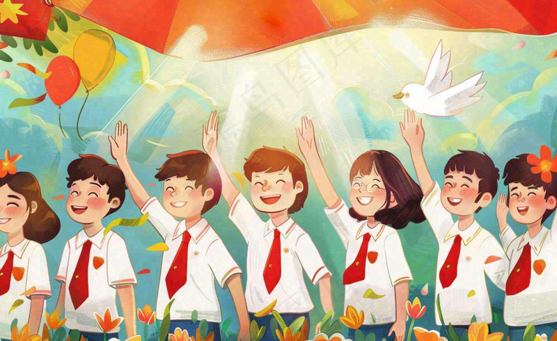 卡通红领巾学生举手旗帜和平鸽班长竞选祖国花朵国庆卡通插画背景(1408x864)