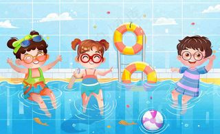 蓝色儿童夏天游泳池插画卡通夏日立夏夏至大暑小暑游泳插画背景