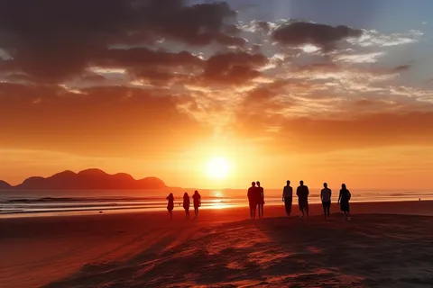 夕阳落日海洋沙滩玩耍的人晚霞美景摄影图