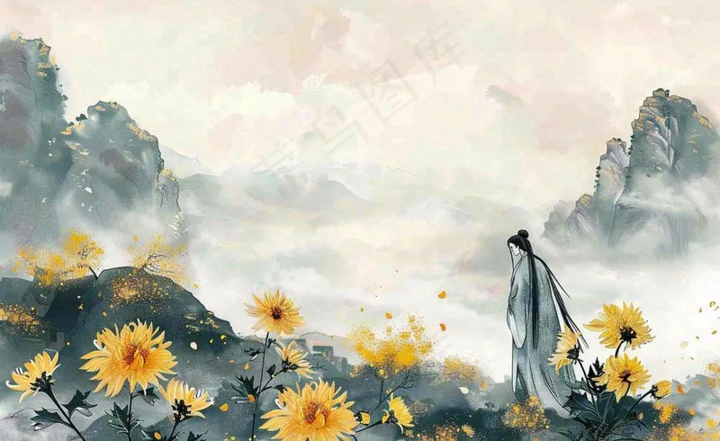 秋天古风水墨画山川菊花古风人物端午清明中秋重阳插画背景(1408x864)