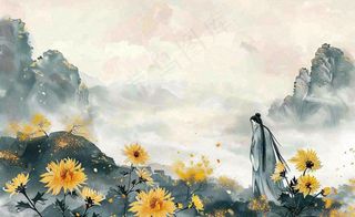 秋天古风水墨画山川菊花古风人物端午清明中秋重阳插画背景