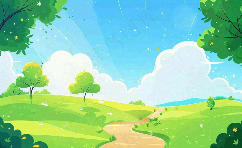 春日风景草地蓝天白云背景立春春分节气绿色卡通插画背景(1408x864)