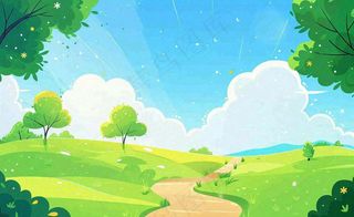 春日风景草地蓝天白云背景立春春分节气绿色卡通插画背景