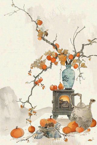 水墨画静物速写柿子花瓶柜台秋天立秋中国风插画背景