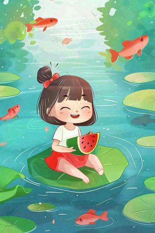 夏天荷花莲花池塘女孩吃西瓜坐着荷叶上唯美清凉立夏夏至卡通插画背景