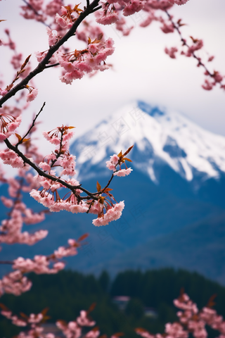 春天雪山下的樱花树美景摄影图