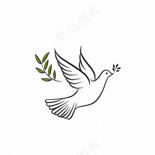 飞鸽叼树枝和平鸽线条卡通插画免抠