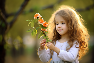 阳光下女孩拿着花束森林里摄影图