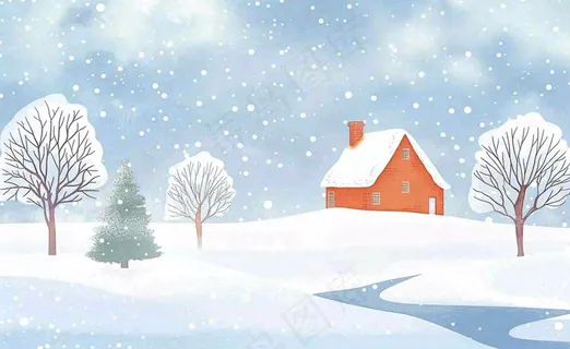 冬天雪景河流森林小屋白雪皑皑小雪大雪冬至立冬水彩画卡通插画背景
