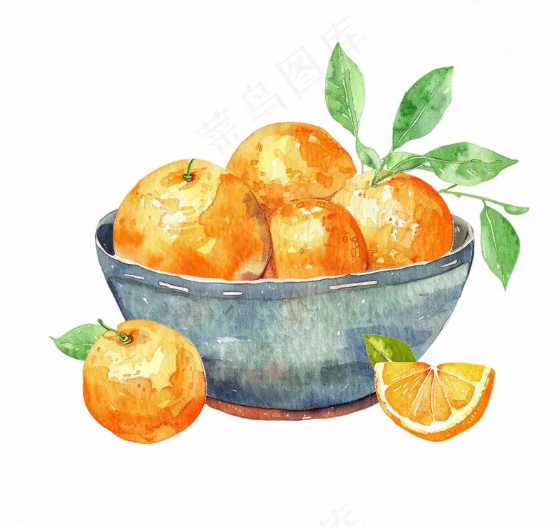 橘子一碗橙子水果水彩画免抠(1088x1024)