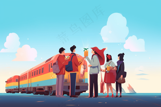 中国传统节日春节除夕春运赶火车回家团聚的人物插画海报背景