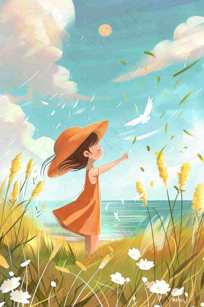 秋天湖边女孩随风舞动芦苇荡白鸽白鹭白露寒露插画背景