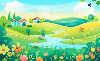 春天插画立春节气郊游遇见春天你好春天花草春风旅游草地风景扁平画背景