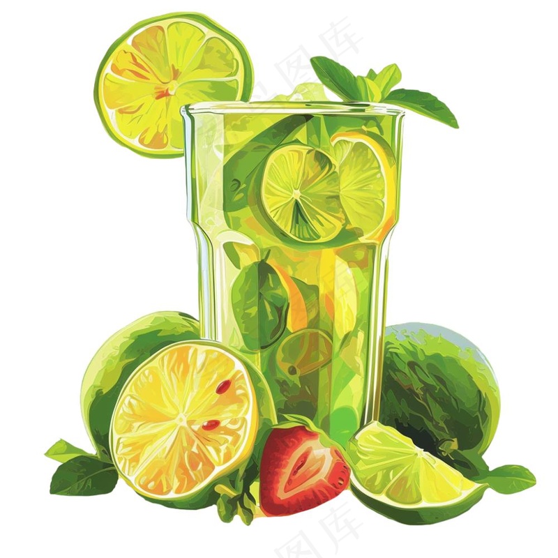 青柠檬茶果汁汽水饮料卡通插画免抠(1024x1024)