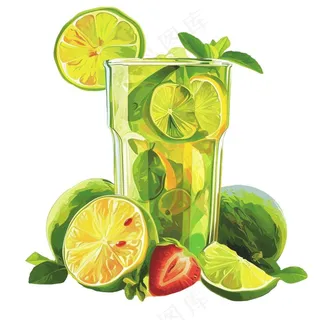 青柠檬茶果汁汽水饮料卡通插画免抠