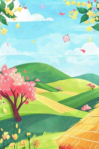 春天春游野餐桃花草丛春分惊蛰插画背景