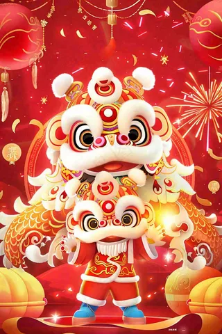 新年舞狮舞龙喜庆节日红色插画背景