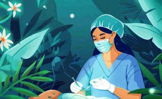 卡通医生护士做手术绿植绿色创意卡通插画背景