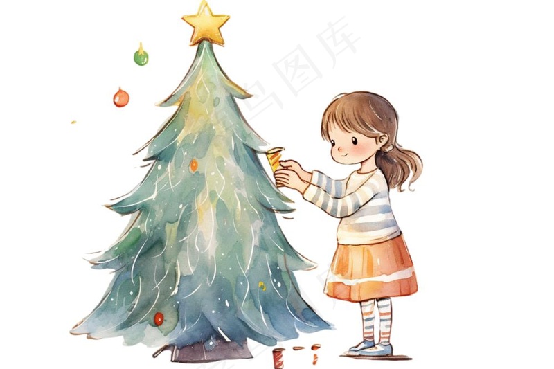 女孩装饰圣诞树可爱卡通插画免抠