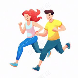 运动跑步的男女人物卡通插画免抠