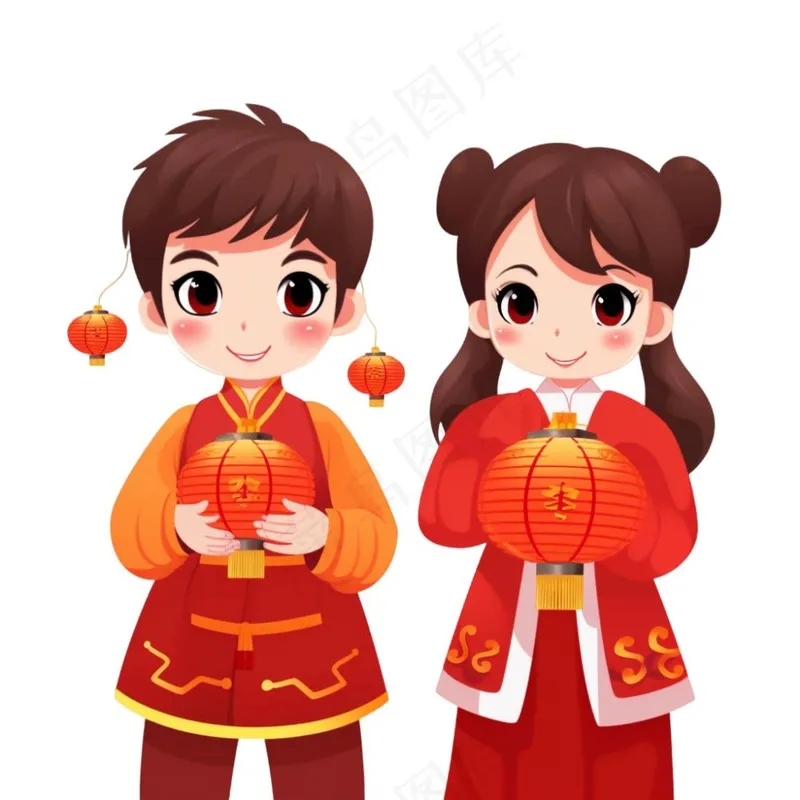 新年儿童拜年张灯结彩国潮春节红色手绘卡通插画免抠(1024x1024)