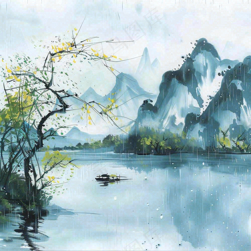 中国风水墨画江南水乡山水画天青色烟雨天清明端午雨水背景(1024x1024)