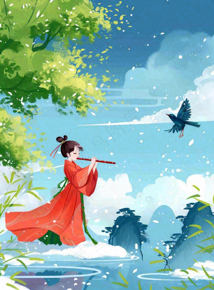 春夏古风女孩游湖吹笛小鸟绿叶大树惊蛰春分立夏清明卡通插画背景(944x1280)