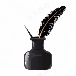 黑色羽毛墨水笔卡通插画免抠